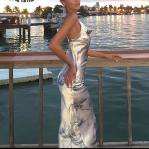 marble print satin maxi dress